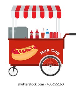 Fast food hot dog cart and street hot dog cart with awning. Hot dog cart street food market, hot dog cart stand vendor service. Kiosk seller fast food business. Ketchup soda water bottle on the desk