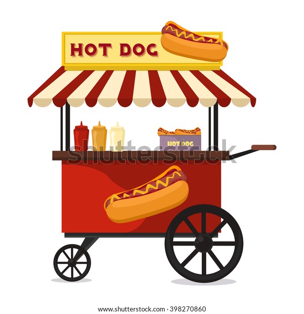 Fast food hot dog cart and street hot dog cart.\
Hot dog cart street food market, hot dog cart stand vendor service.\
Kiosk seller fast food business. Hot dog fast food shop street cart\
city flat vector