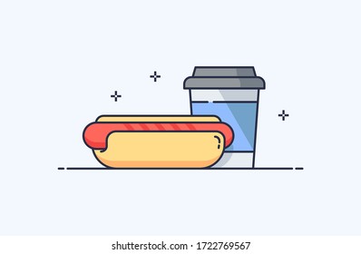 Fast food, hot dog, coffee illustration in flat line style. Design concept of vector illustration isolated on light background for website and mobile apps.