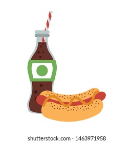 Fast food hot dog with cola soda bottle vector illustration graphic design