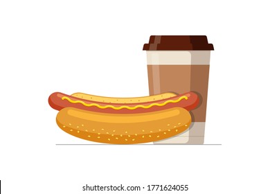 Fast food hot dog and disposable paper coffee cup. Hotdog sausage in bread bun with hot beverage. Fast food vector isolated flat eps illustration