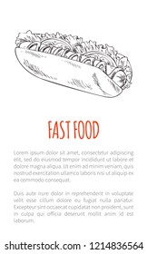Fast food hot dog meal poster with text. Bun with sausage and vegetables cabbage leaves monochrome sketch outline takeaway grey draft meal vector