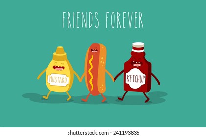 Fast food. Hot dog, mustard, ketchup. Friends forever. Vector illustration. Use for card, poster, banner, web design and print on t-shirt. Easy to edit.  svg