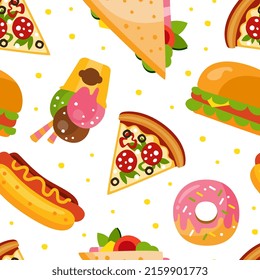 Fast Food with Hot Dog and Pizza Vector Seamless Pattern Template