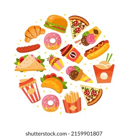 Fast Food with Hot Dog and Pizza Arranged in Circle Vector Template