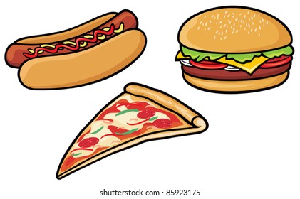 fast food (hot dog, pizza, hamburger)