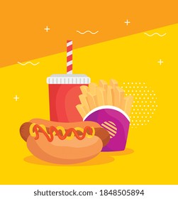 fast food, hot dog with potatoes french fries and bottle drink vector illustration design