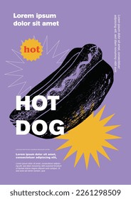 Fast food, hot dog. Price tag or poster design. Set of vector illustrations. Typography. Vintage pencil sketch. Engraving style. Labels, cover, t-shirt print, painting.