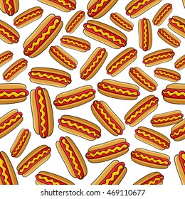 Fast food hot dog sandwiches seamless pattern with steamed sausage garnished mustard over white background. Street food theme or cafe menu design