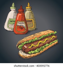 Fast food: hot dog and sauces. Free hand drawing, sketch style, dark background