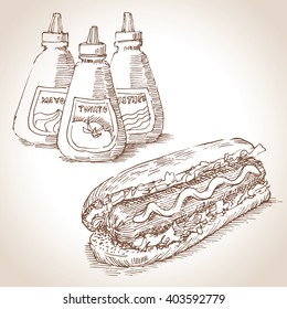 Fast Food: Hot Dog And Sauces. Free Hand Drawing, Sketch Style