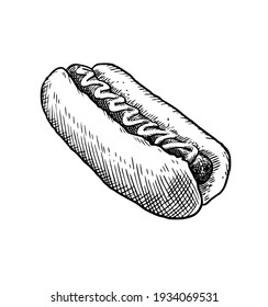 fast food hot dog with sausage and mustard engraving line drawing vector black and white lunch dinner street food eat american outline