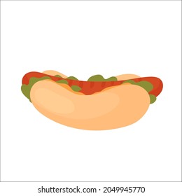 Fast food hot dog with sausage, salad and mustard sauce, tasty fastfood snack vector illustration. Cartoon unhealthy hotdog in junk food menu for restaurant or cafe isolated on white