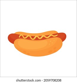 Fast food hot dog with sausage, bun and mustard sauce, fastfood snack vector illustration. Cartoon unhealthy hotdog in junk food menu for restaurant or cafe isolated on white