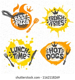 Fast food, hot dogs, best pizza, french fries, lunch times logo, signs, symbols, emblems, labels, lettering. For restaurant, cafe, bistro, snack bar, eatery. Hand drawn vector Illustration.