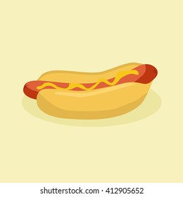 Fast Food Hotdog Cartoon. Vector illustration of a hotdog with sausage and mustard in light brown background.
