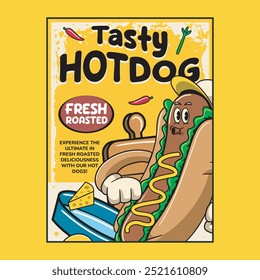 Fast Food Hotdog Cute Funny Retro 60s 70s Cartoon Character Mascot Vector Illustration in Groovy Psychedelic Style for Bar Restaurant Poster