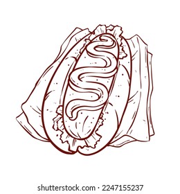 Fast food hotdog with mustard on white paper. Tasty american hotdog with hand draw style vector illustration