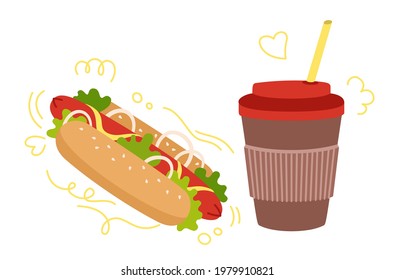 Fast food hotdog and soda takeaway cartoon set. Hand drawn color doodle hotdog and coffee cup to go sign. Craft card menu delicious fast food, cup drink tasty unhealthy lunch. Vector illustration