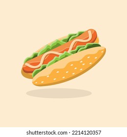 fast food hotdog with vegetables, sausage and delicious bread