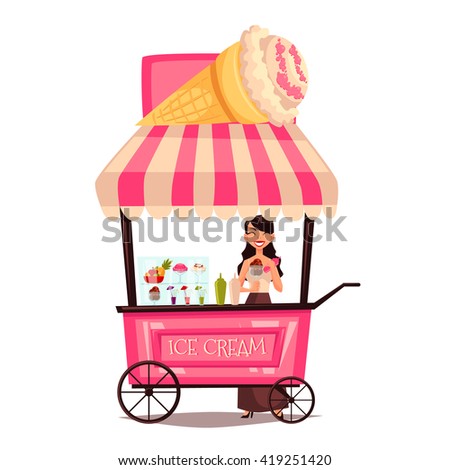 Fast food ice cream cart, vector cartoon set isolated on a white background. street selling ice cream