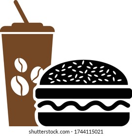 Fast food icon burger and cold coffee, vector isolated.
