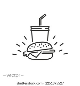 icono de comida rápida, hamburguesa con bebida, símbolo de línea delgada sobre fondo blanco - ilustración de vector de trazo editable