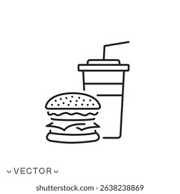 fast food icon, burger with drink concept, thin line symbol isolated on white background, editable stroke eps 10 vector illustration