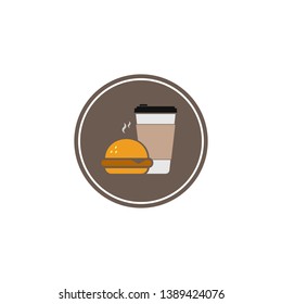 Fast Food icon. Coffee and burger. vector color flat symbol isolated on white background in round