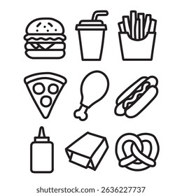 Fast food icon collection, black color on white background. Vector illustration.