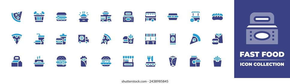 Fast food icon collection. Duotone color. Vector and transparent illustration. Containing burger, fast food, food container, stall, hamburger, box, junk food.