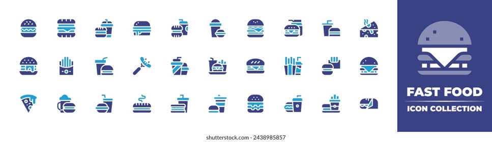 Colección de iconos de comida rápida. Color duotono. Ilustración vectorial y transparente. Contiene comida rápida, hamburguesa, queso, hamburguesa, salchicha, pizza, sándwich.