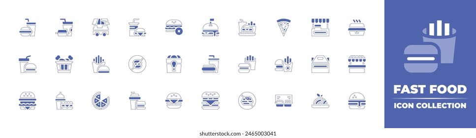 Fast food icon collection. Duotone style line stroke and bold. Vector illustration. Containing stand, fast food, burger, hamburger, no fast food, take out, package, food, pasta.