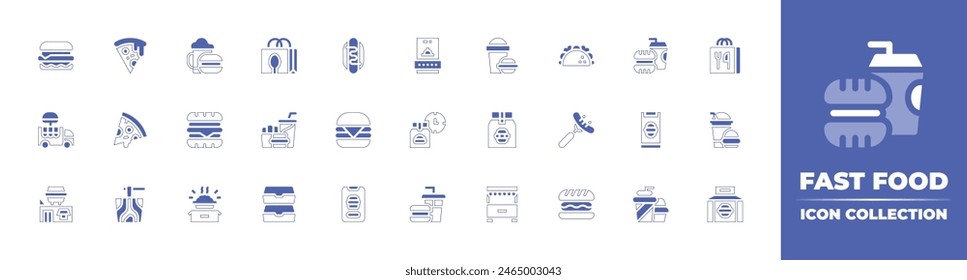 Fast food icon collection. Duotone style line stroke and bold. Vector illustration. Containing fast food, stand, delivery, truck, package, box, order food, hamburger, sausage.