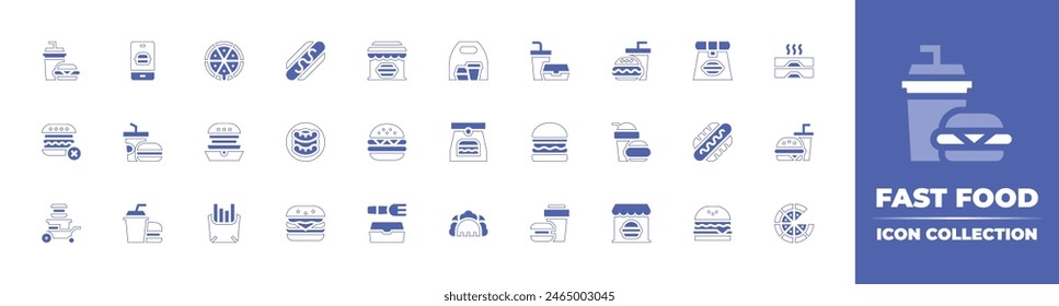 Fast food icon collection. Duotone style line stroke and bold. Vector illustration. Containing restaurant, burguer, fast food, beef, stall, food package, no junk food, taco, take away, hamburger.