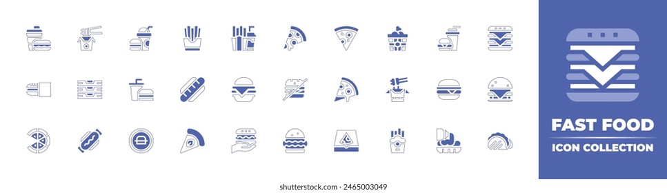 Fast food icon collection. Duotone style line stroke and bold. Vector illustration. Containing fast food, pizza, hamburger, no fast food, burger, pizza slice, hot dog, take away, french fries.