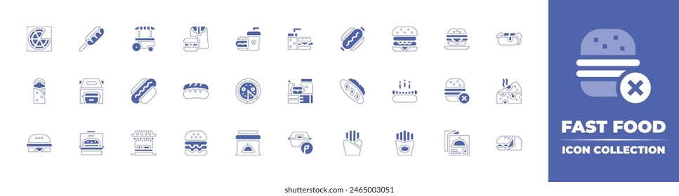 Fast food icon collection. Duotone style line stroke and bold. Vector illustration. Containing menu, hot dog, no fast food, stall, delivery, container, store, pizza, fries.