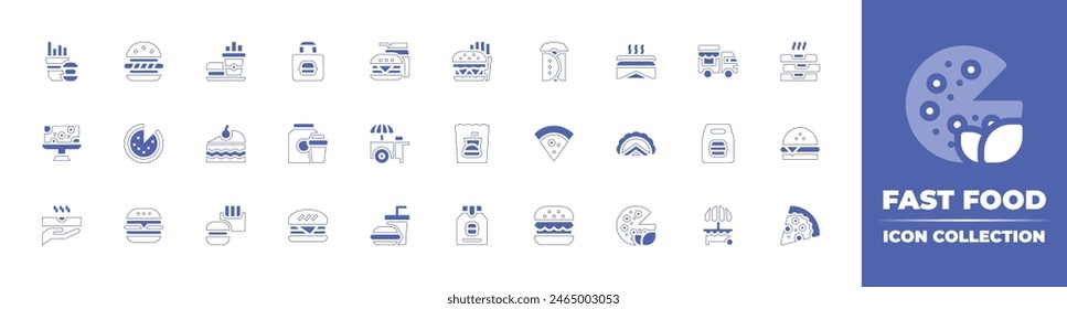 Fast food icon collection. Duotone style line stroke and bold. Vector illustration. Containing cake, burger, take away, fast food, delivery, stand, food, pizza slice, takeaway, pizza.