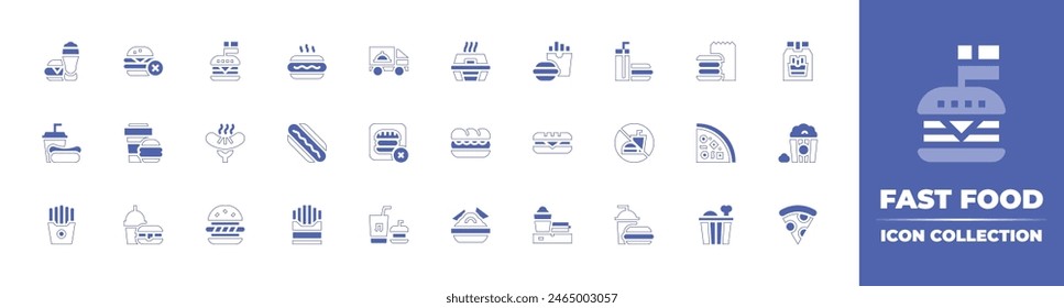 Fast food icon collection. Duotone style line stroke and bold. Vector illustration. Containing fast food, french fries, delivery, no food, no junk food, sandwich, sausage, hotdog, chips, nachos.