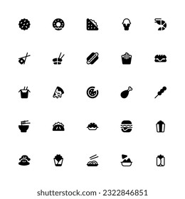 Fast Food Icon Collection. Pixel Perfect Fast Food Glyph Style 2D Icon