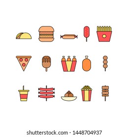 Fast food icon color with outline vector. Taco, hamburger, hot dog, sausage, french fries, pizza, ice pop, bucket of fried chicken, meatball, soda, ice cream, popcorn, barbecue.