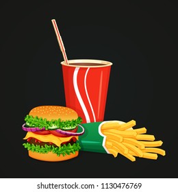 Fast food icon. Colorful vector illustration on a dark background. Lunch with box of french fries lying on a side, cola in paper cup and burger.