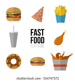 Fast food icon design. Flat icons of junk food isolated on white. Illustration of unhealthy food, diet or restaurant menu elements. Hamburger, cheeseburger, fried chicken, french fries, pizza, donut.