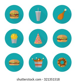 Fast food icon design. Flat icons of junk food isolated on white. Illustration of unhealthy food, diet or restaurant menu elements. Hamburger, cheeseburger, fried chicken, french fries, pizza, donut.