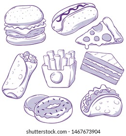 Fast food icon doodles set, hand drawn vector illustration
