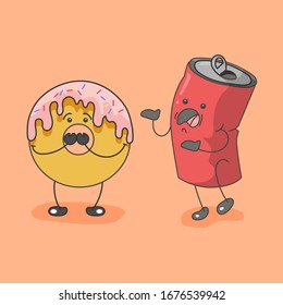 Fast food icon with emotions. Scared donut and sad can of cola. Vector flat cartoon color illustration. For menu, poster, web. Isolated on pink background