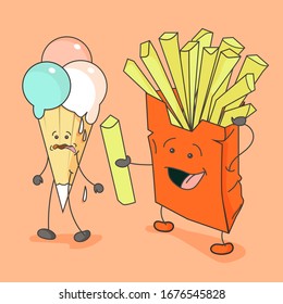 Fast food icon with emotions. Tragic ice cream and smile box with fry potato. Vector flat cartoon color illustration. For menu, poster, web. Isolated on pink background