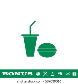 Fast food icon flat. Green pictogram on white background. Vector illustration symbol and bonus button