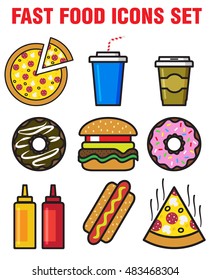 Fast food icon. Flat icon set. Vector image. Pizza, burger, donut, hot dog, coffee, cola, mustard, ketchup.