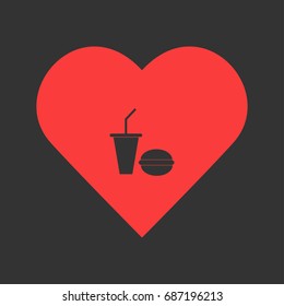 Fast food icon flat. Simple pictogram on heart background. Vector illustration symbol